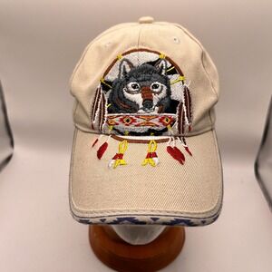Native Pride CTS Hats Wolf Dreamcatcher Embroidered Tan Baseball Cap Adjustable